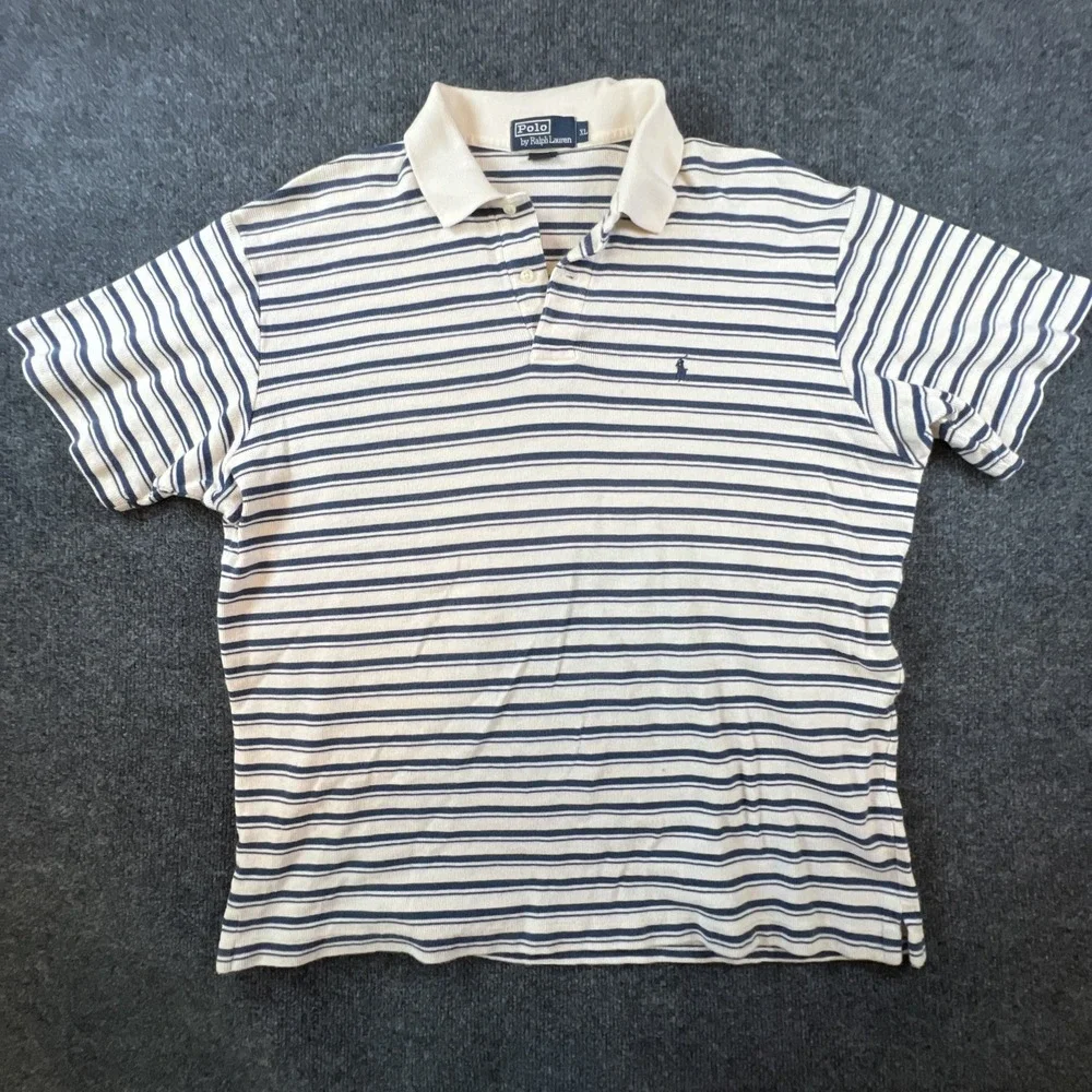 VTG Polo By‎ Ralph Lauren Men's XL White & Blue Striped Short Sleeve Shirt ECU